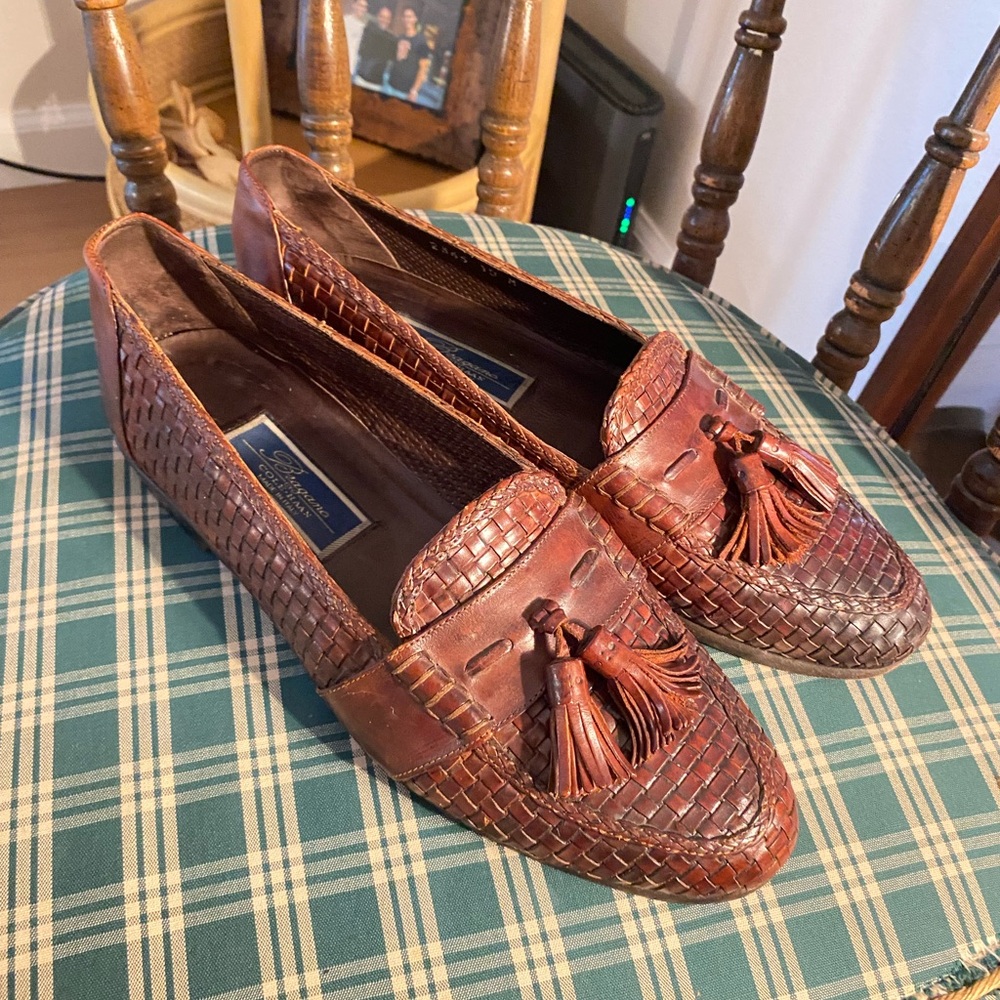 Cole Haan Bragano, Made in Italy, Brown Woven Leather Tassel Loafers